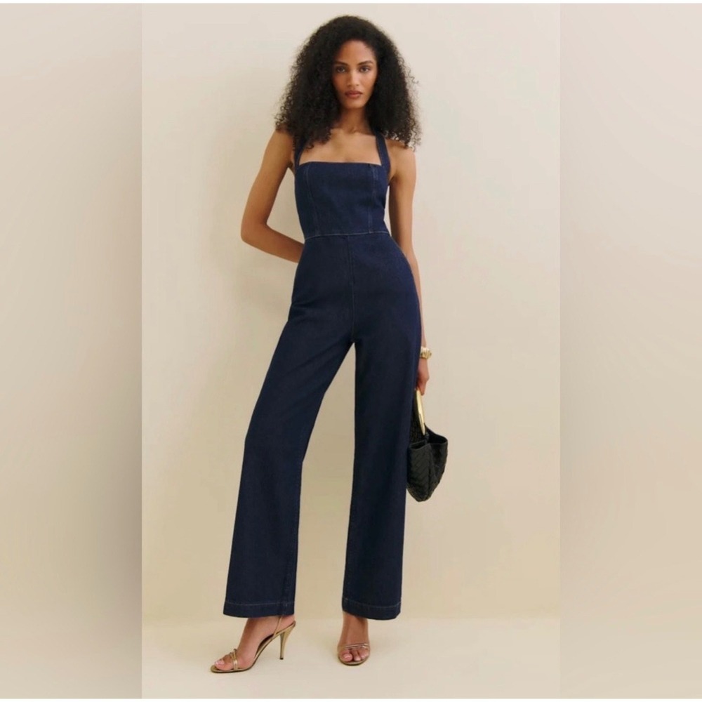 NWT Reformation Dannia Halter Denim jumpsuit 4 wide leg minimalist casual boho‎